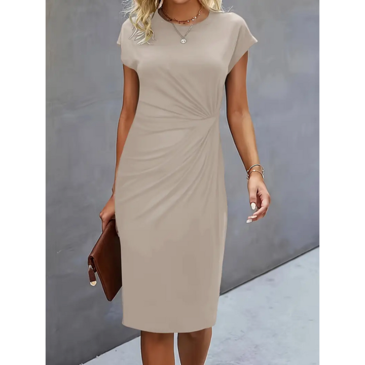 Sophisticated midi dress for women, cap sleeves & gathered waist, great for cocktails, events, or formal wear.