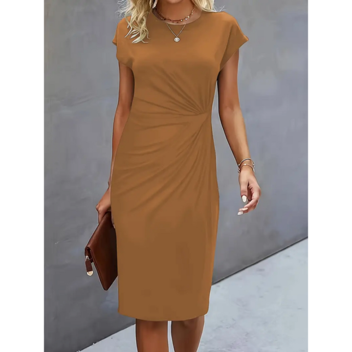 Comfortable yet elegant women's midi dress, cap sleeves & gathered waist. Perfect for all-day office wear.
