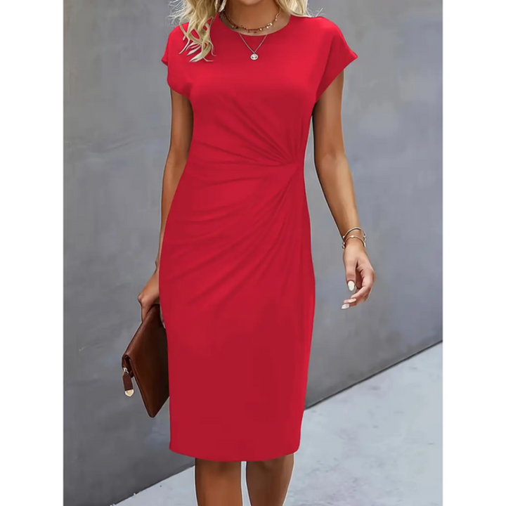 Chic professional women's midi dress with cap sleeves and elegant gathered waist, suitable for business.