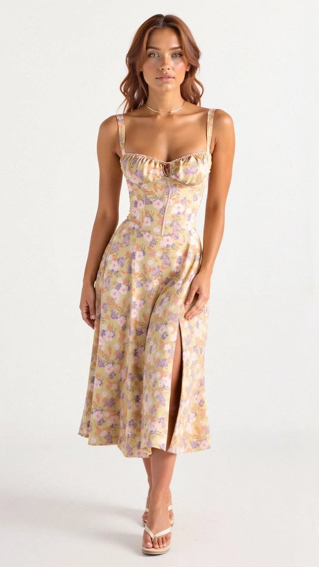 Elegant women's midi dress with corset bodice & side slit. Features adjustable straps & sweetheart neckline.