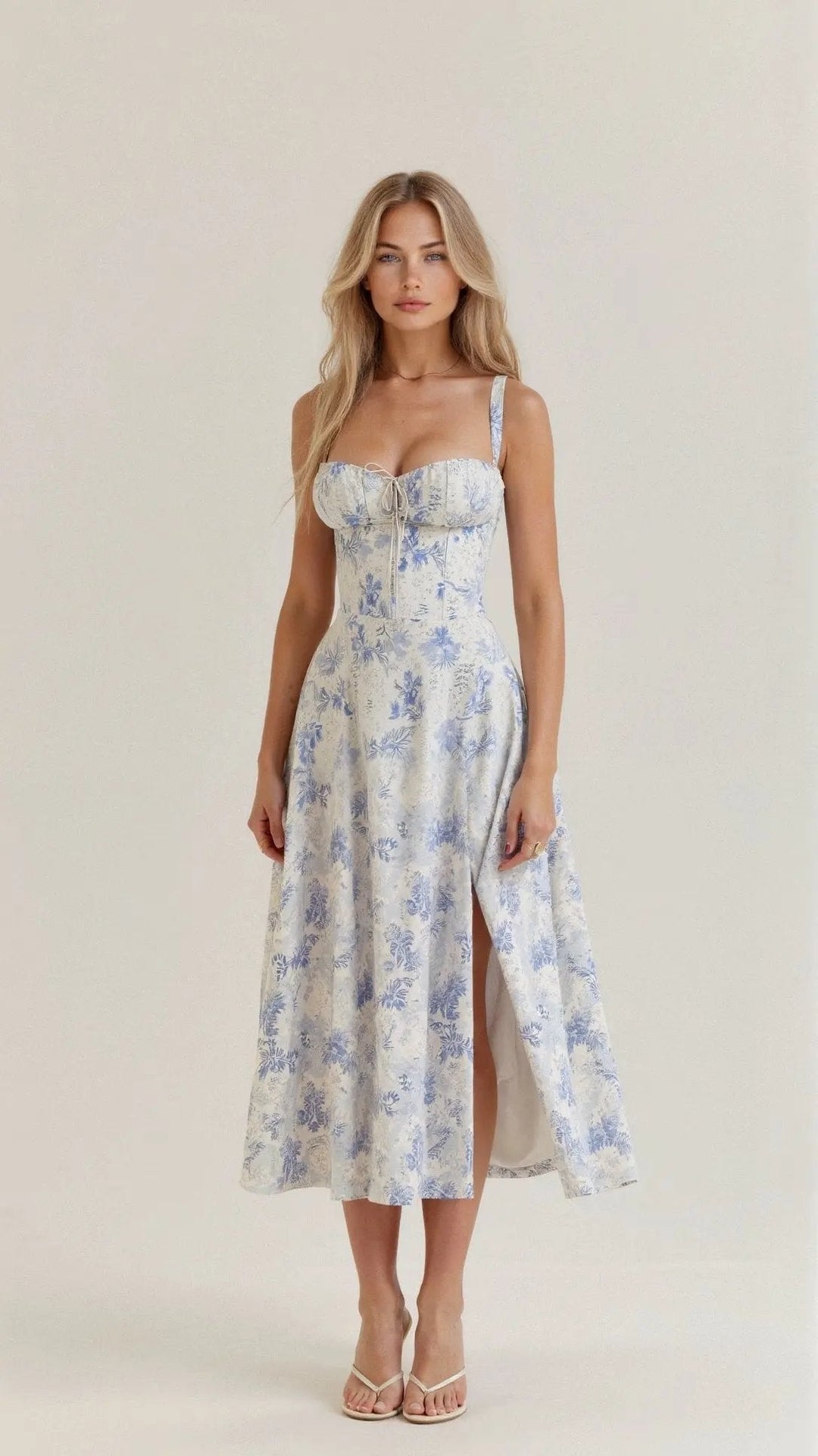 Chic women's midi dress with sweetheart neckline, corset bodice, and high side slit. Effortless summer party style.