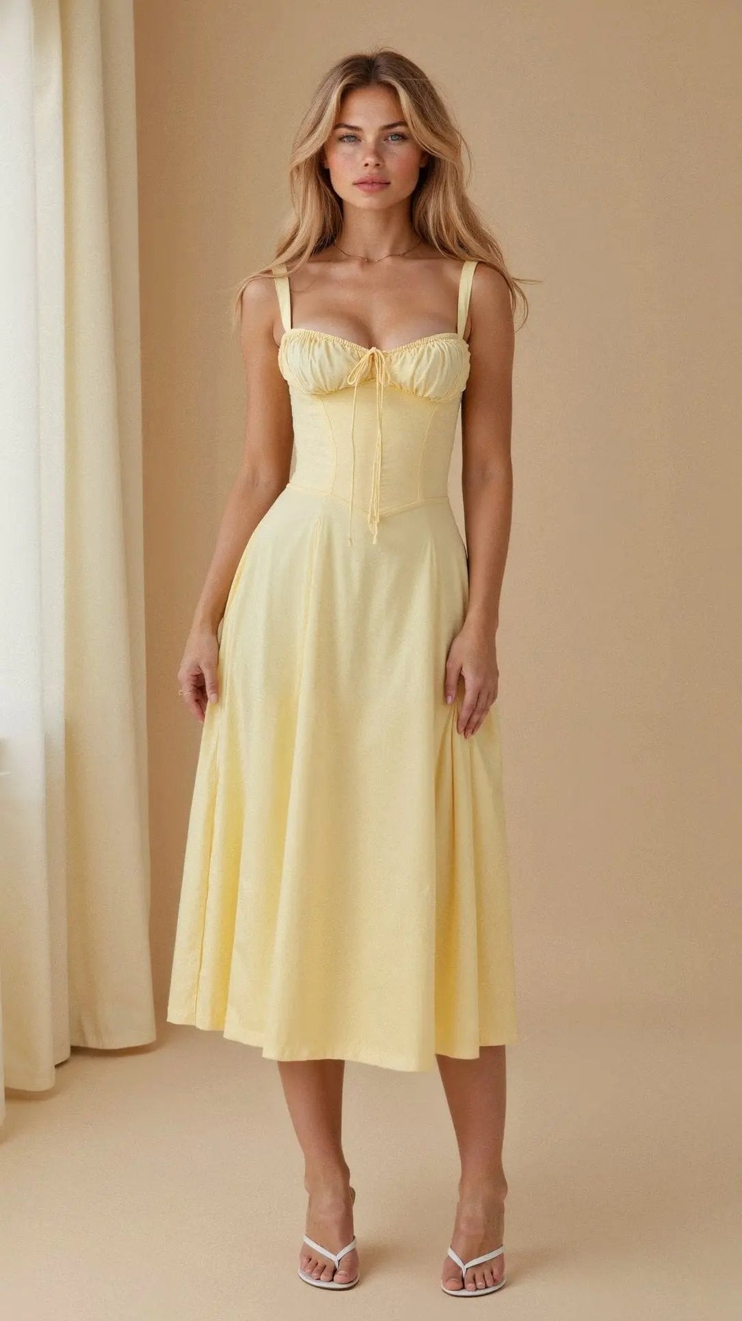 Stylish women's midi dress with a sleek corset bodice and flattering side slit. Perfect for summer events.