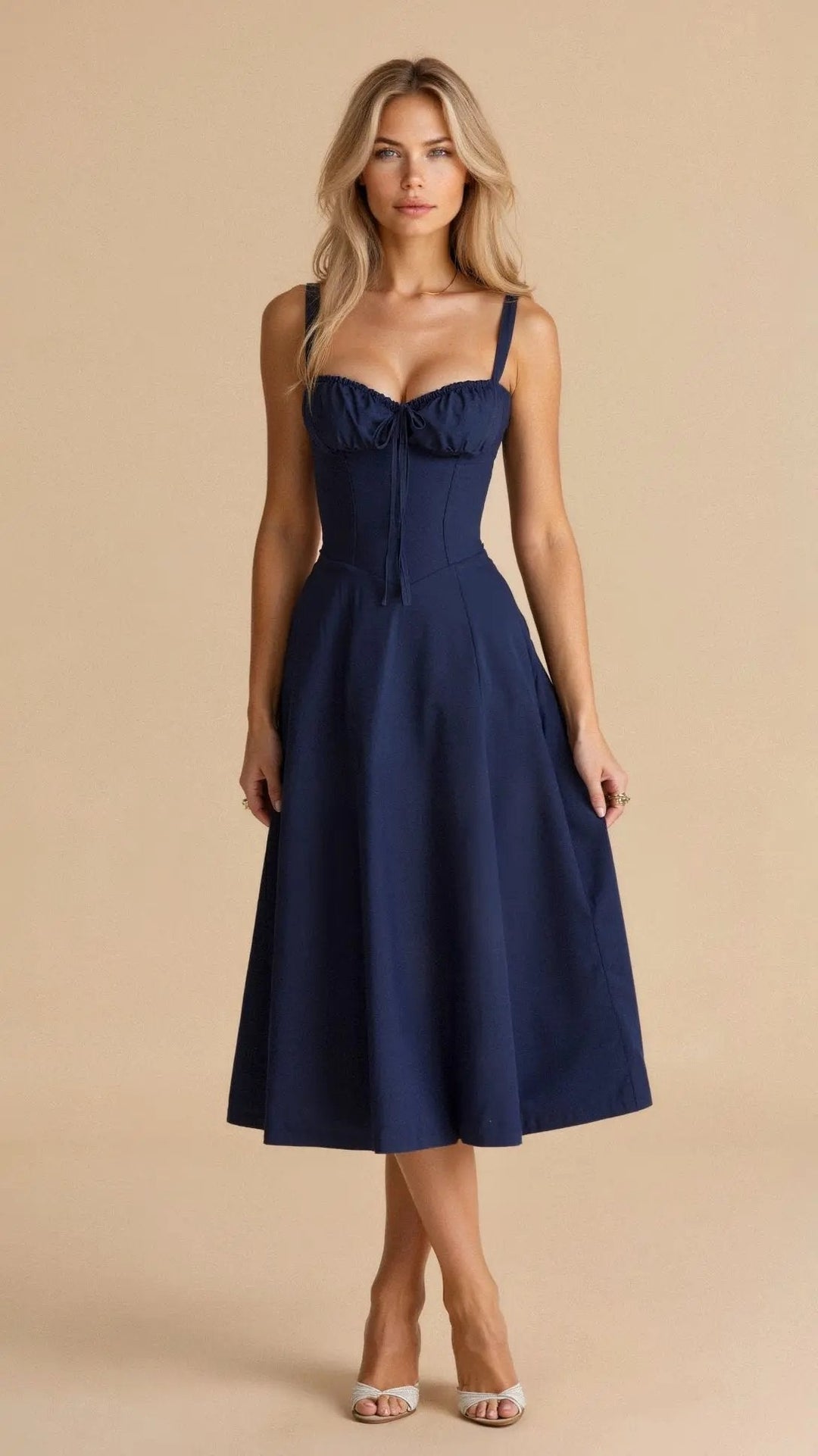 Women's elegant midi dress, featuring a corset bodice, side slit, & sweetheart neckline. Ideal for summer parties.