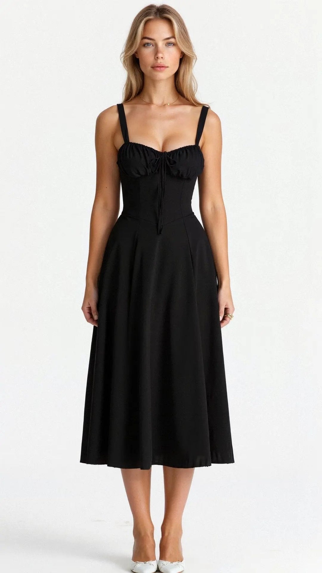 Summer women's midi dress with a form-fitting corset bodice and an elegant side slit. Adjustable and flattering.