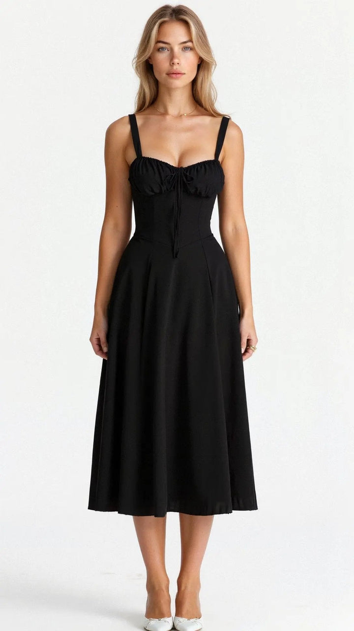 Summer women's midi dress with a form-fitting corset bodice and an elegant side slit. Adjustable and flattering.