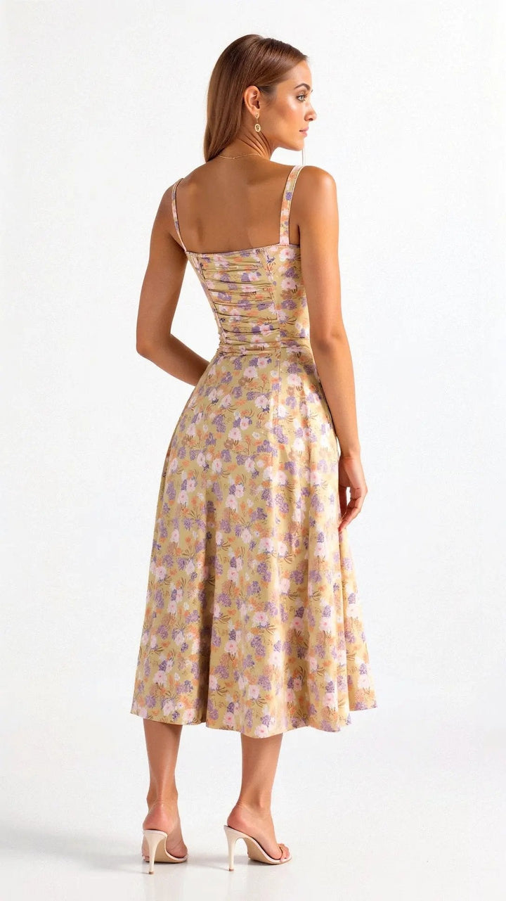 Casual yet elegant women's midi dress featuring a corset bodice, side slit, and comfortable adjustable straps.