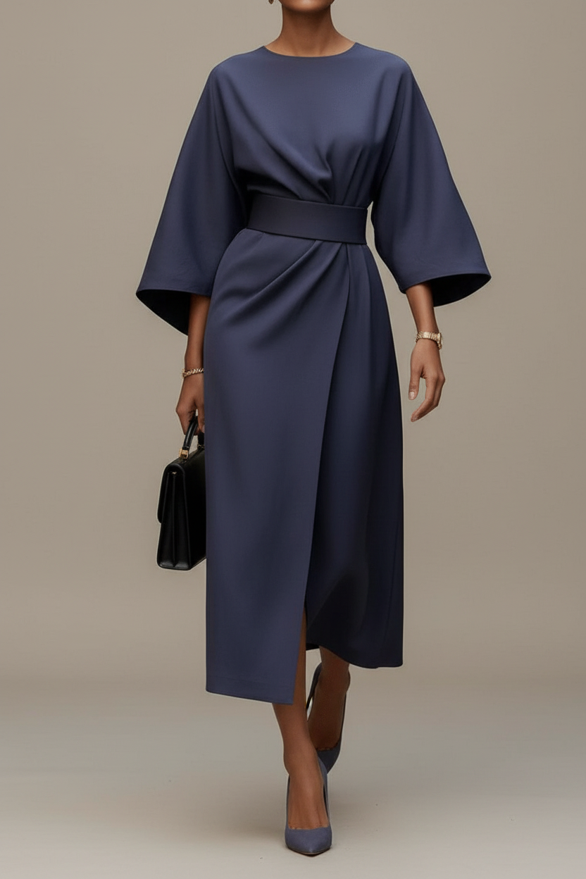 Elegant women's midi dress with lantern sleeves, perfect for evening events or as a wedding guest outfit. Chic & flattering.