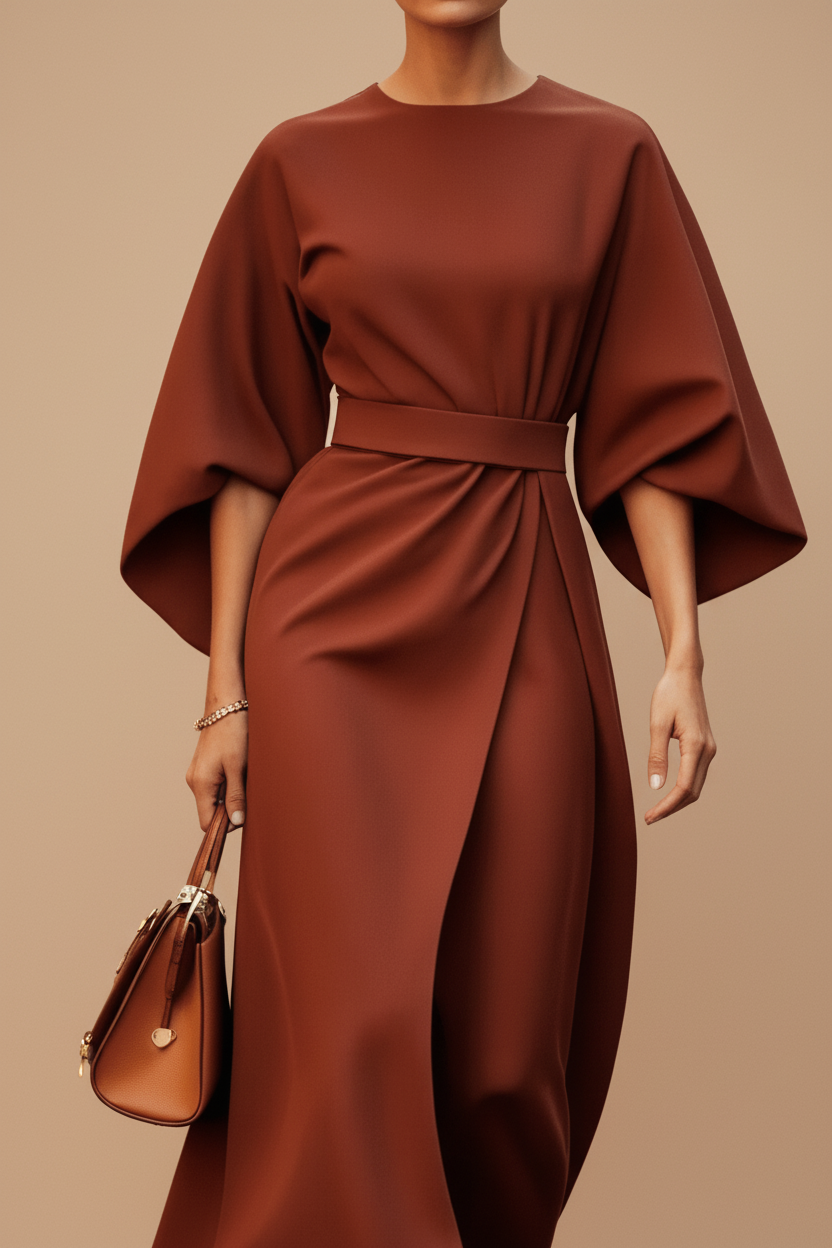 Flattering women's long sleeve midi dress featuring elegant lantern sleeves. A chic choice for evening and occasion wear.