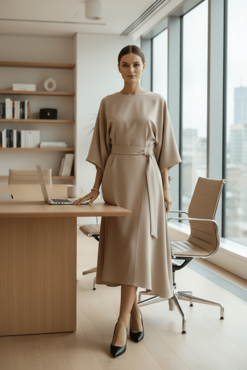 Flattering women's lantern sleeve midi dress, an elegant choice for evening wear, parties, or a chic wedding guest look.