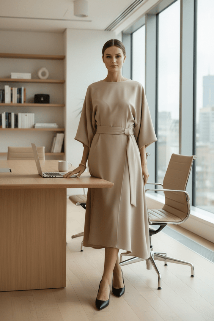 Flattering women's lantern sleeve midi dress, an elegant choice for evening wear, parties, or a chic wedding guest look.