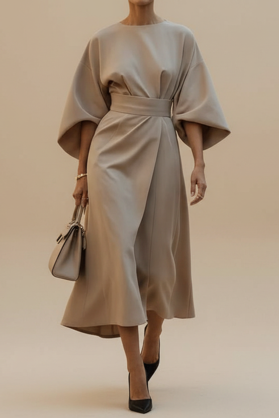 Sophisticated women's midi dress with long lantern sleeves. Perfect for occasion wear, offering an elegant & chic style.