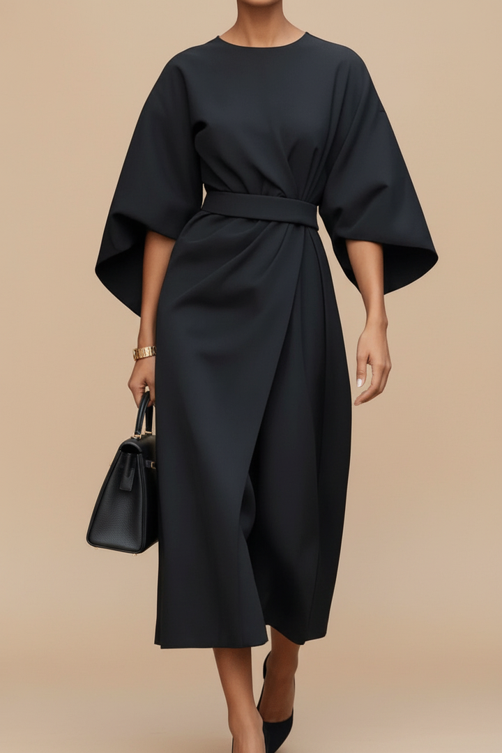 Women's elegant lantern sleeve midi dress, a versatile long sleeve option for parties, weddings, and special events.