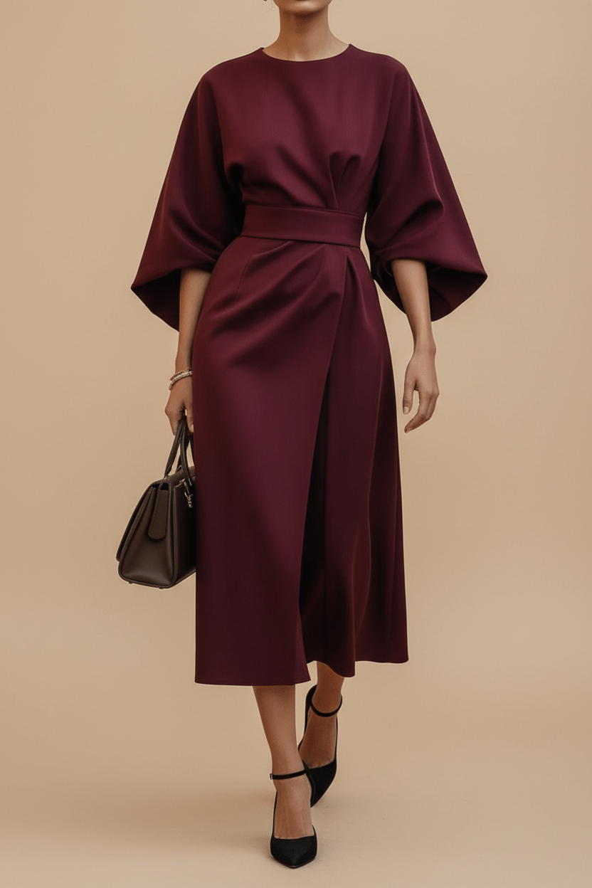 Chic & flattering women's midi dress with elegant lantern sleeves. Ideal for wedding guests, parties, or evening wear.