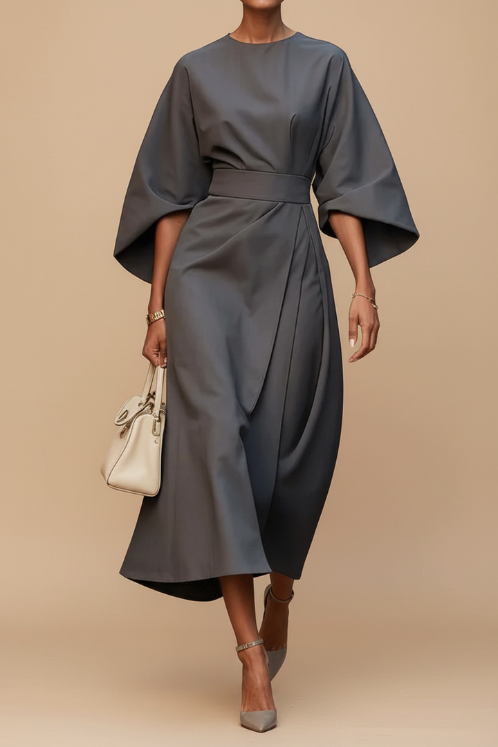 Graceful women's lantern sleeve midi dress, an elegant choice for any occasion, party, or evening event. Flattering fit.