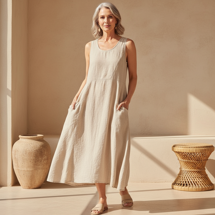Elegant women's midi dress with pockets, perfect for versatile everyday casual or summer style.
