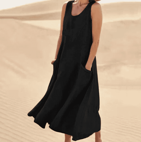 Chic women's elegant midi dress with pockets, offering comfortable and versatile everyday summer style.