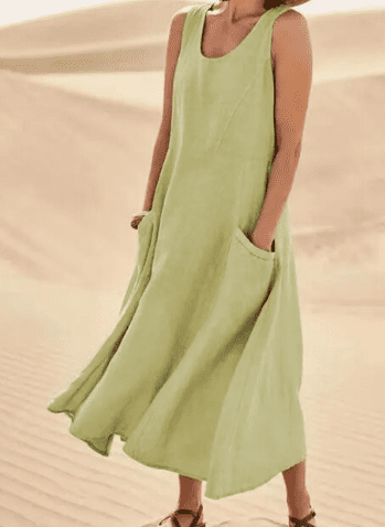 Flowy women's sleeveless midi dress, elegant & comfortable for spring/summer casual everyday fashion.