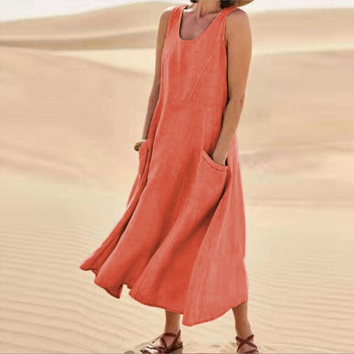 Full view of women's elegant midi dress with pockets, perfect for casual spring & summer everyday fashion.