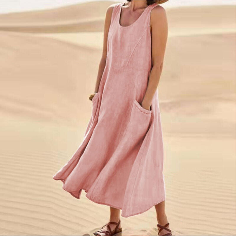 Close-up of practical pockets on a women's elegant midi dress, versatile for casual everyday style.