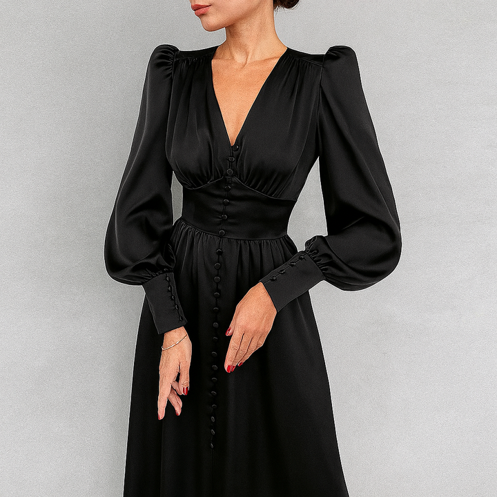 Elegant women's midi dress with puffed shoulders and a flattering V-neck, perfect for chic dinner occasions.