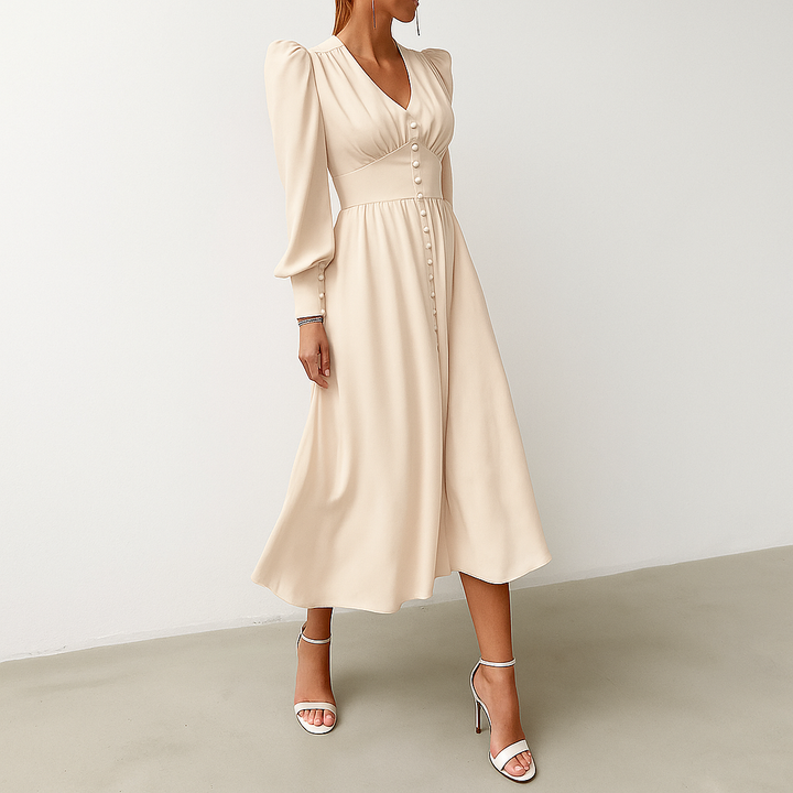 Chic women's puffed shoulder midi dress with a flowing silhouette, a versatile elegant occasion dress.