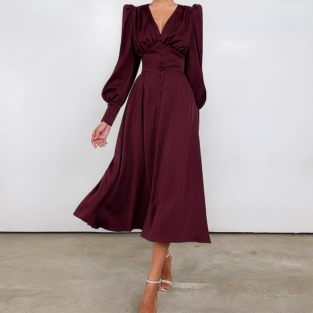 Sophisticated women's V-neck midi dress featuring elegant puffed shoulders, ideal for dinner & special events.