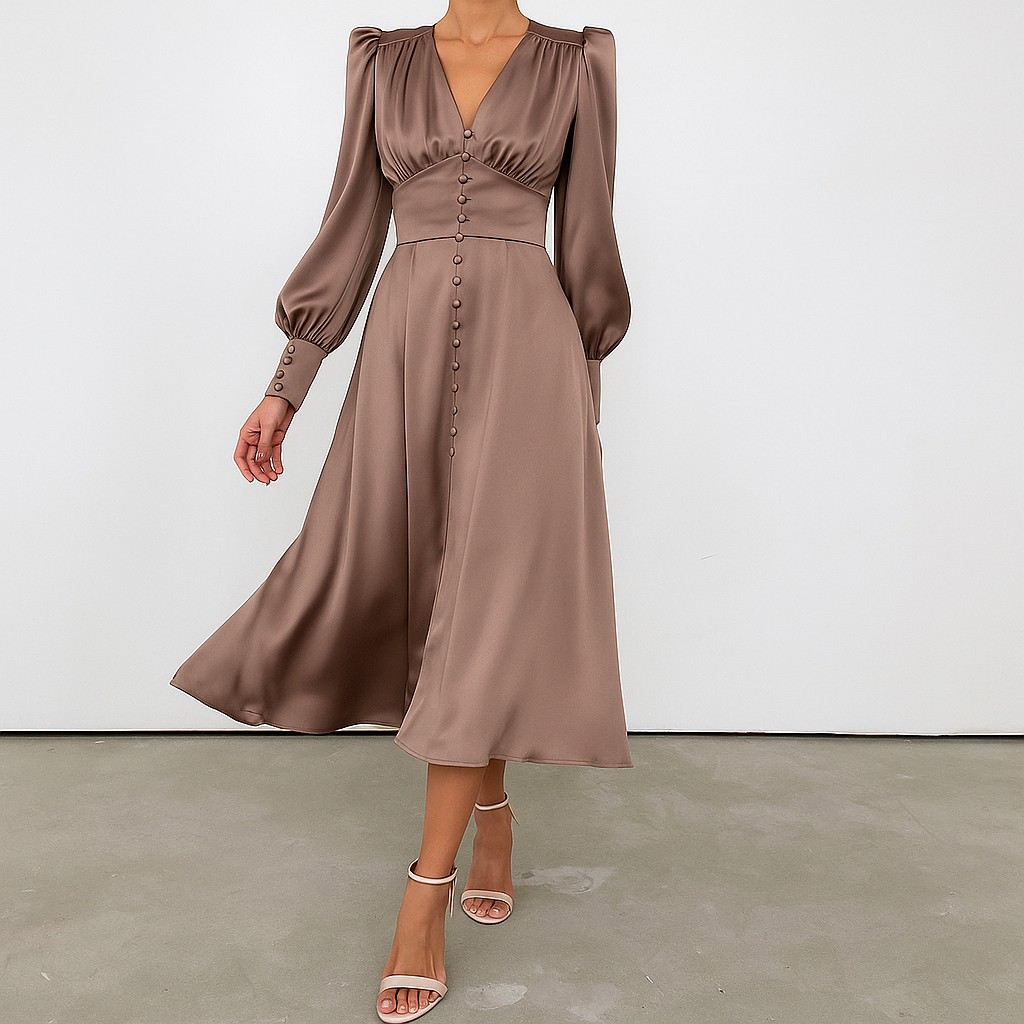 Stylish women's elegant puffed shoulder V-neck midi dress with a flowing silhouette, perfect for special occasions.