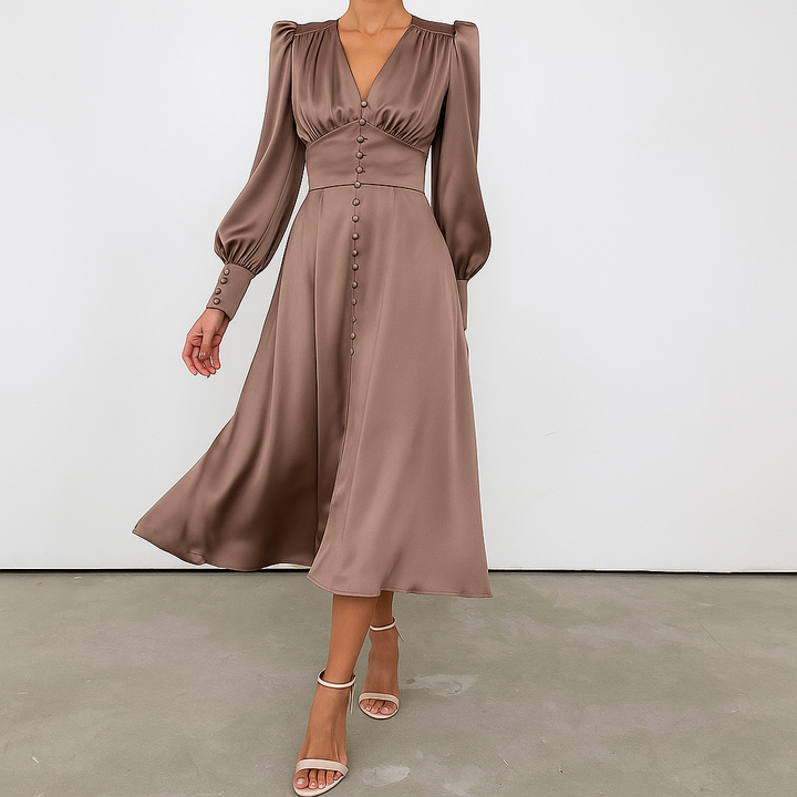 Stylish women's elegant puffed shoulder V-neck midi dress with a flowing silhouette, perfect for special occasions.