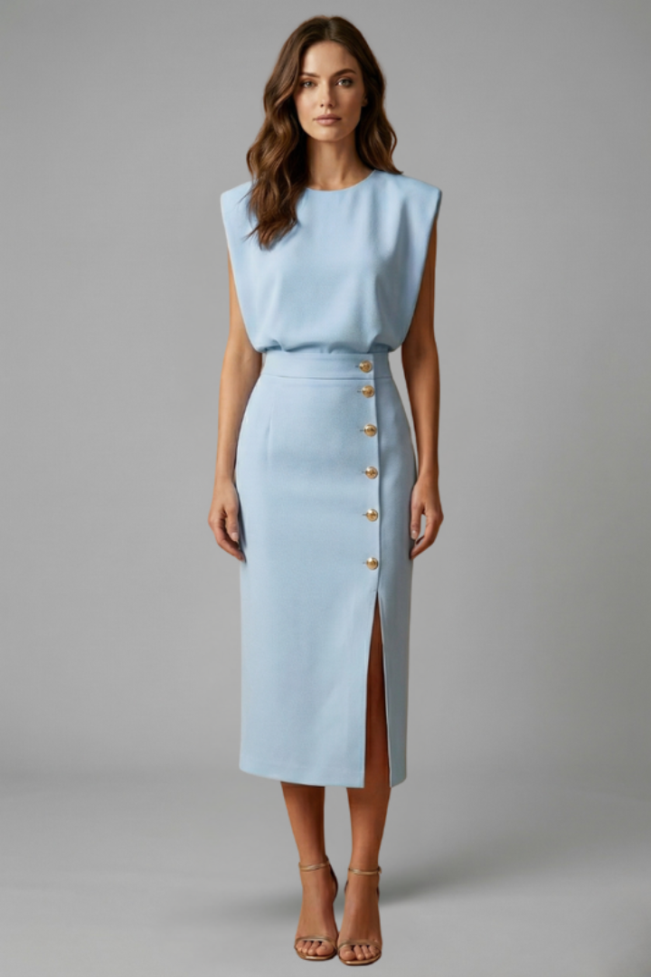 Comfortable and elegant women's midi dress, sleeveless with a round neck and a sophisticated button slit.