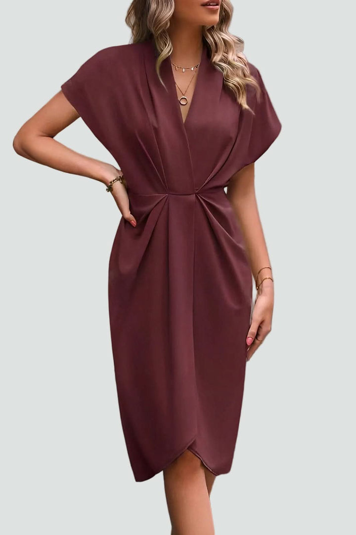 Fashionable women's midi wrap dress, an elegant & versatile option for various formal occasions.