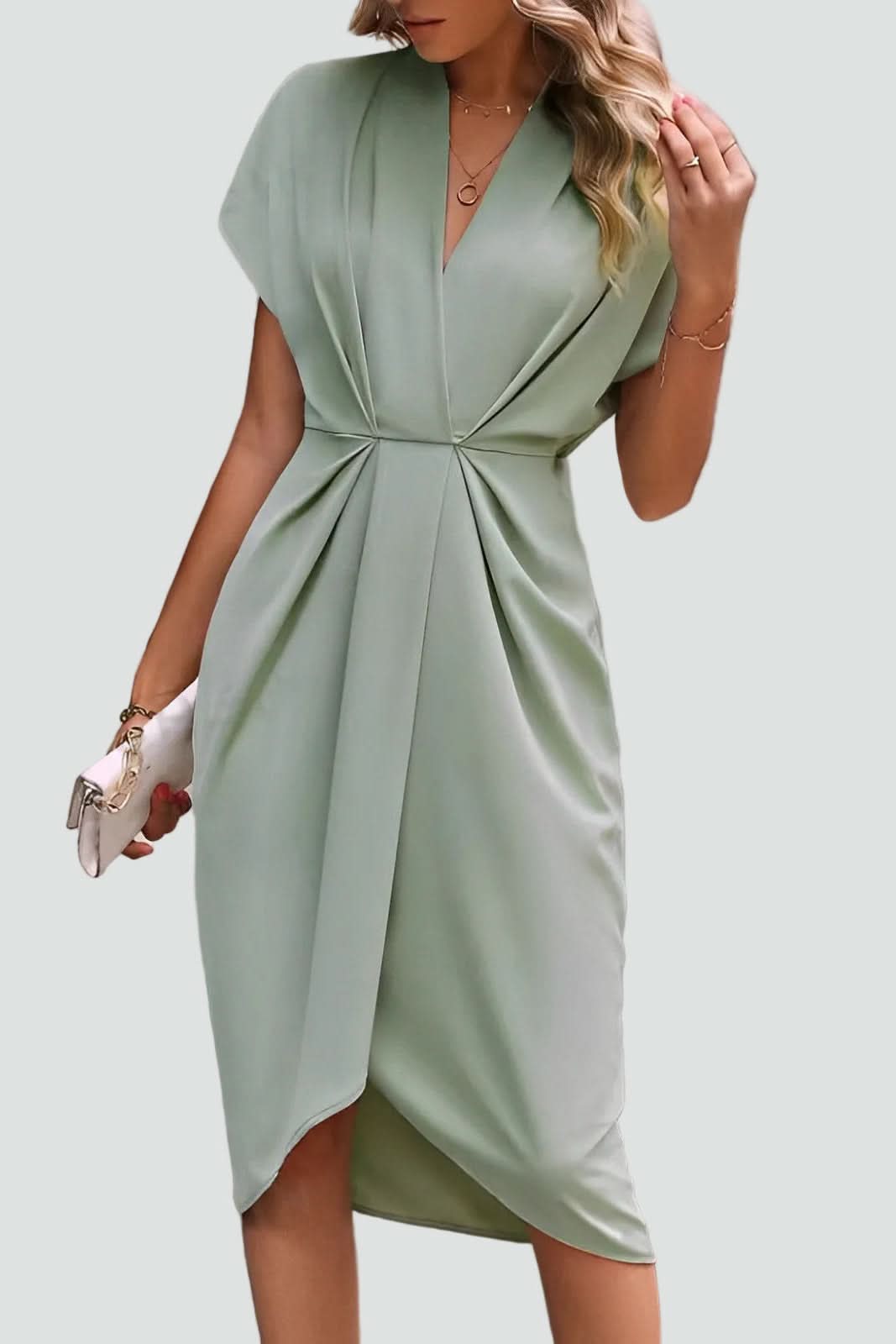 Flattering long sleeve midi wrap dress for women, offering an elegant & versatile silhouette.