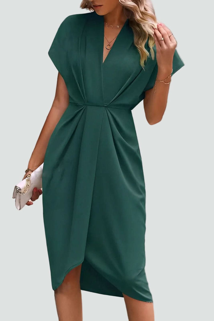 Women's formal midi wrap dress, suitable for evening events, parties, & special occasions.