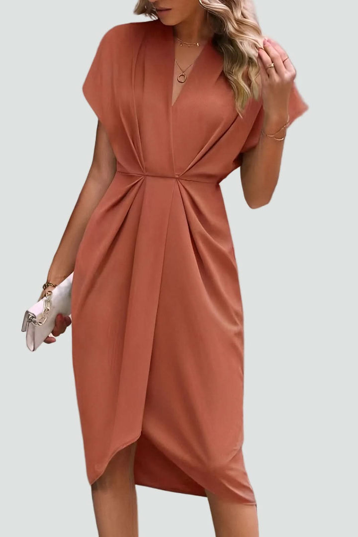 Chic women's elegant midi wrap dress, a versatile formal dress for evening or cocktail events.
