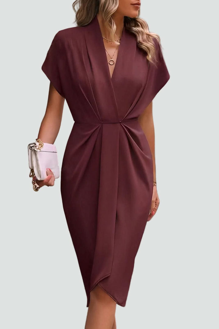 Women's long sleeve midi wrap dress with flattering V-neck, perfect for elegant parties or events.