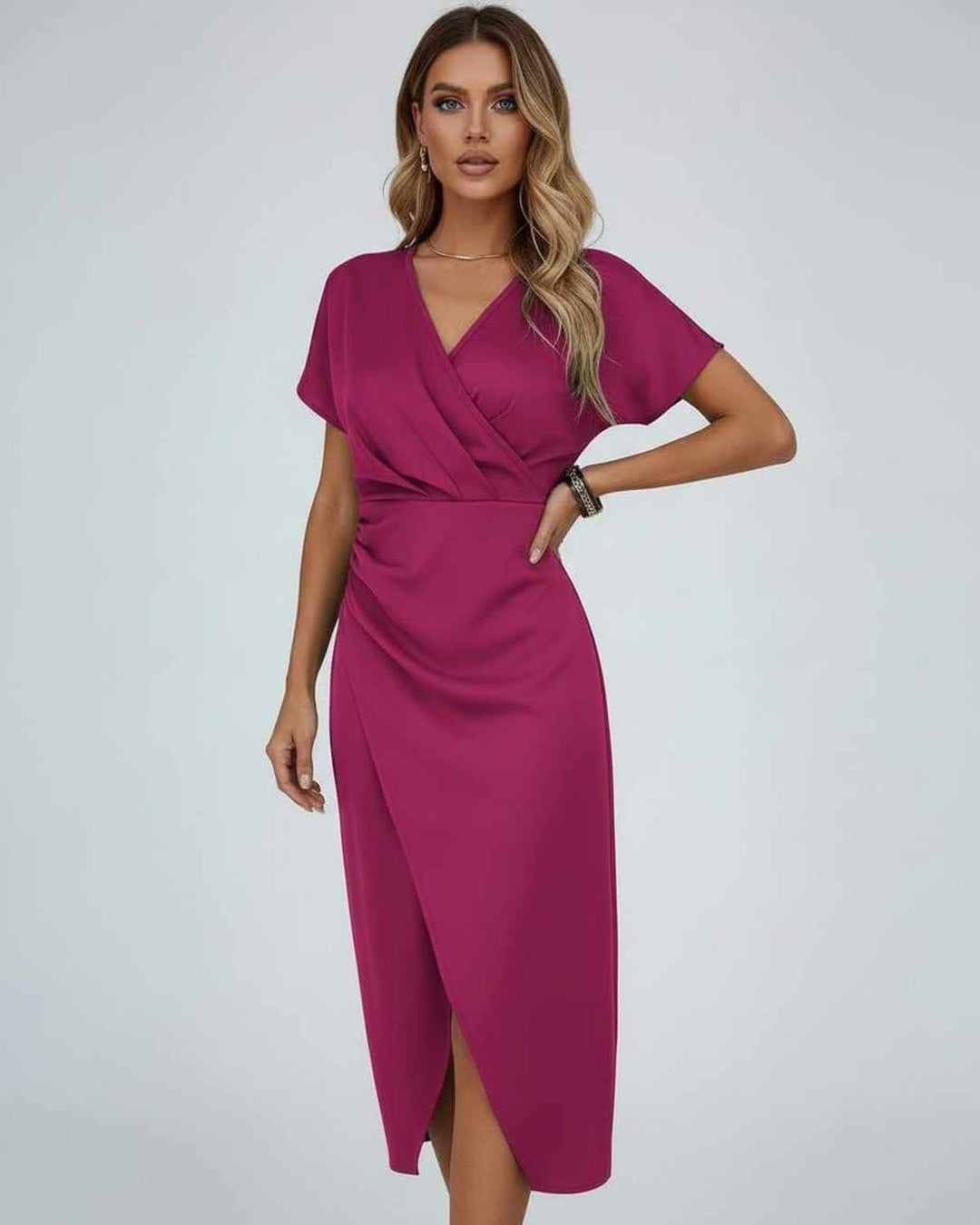 Elegant women's midi wrap dress with flattering waist, V-neck, and stylish split hem. Perfect for versatile occasions.