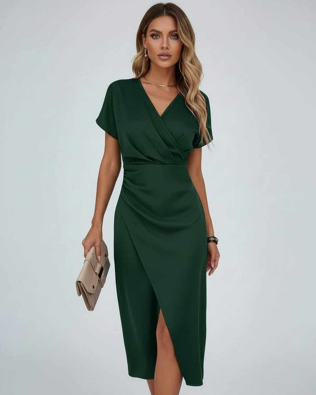 Versatile women's midi wrap dress in a flattering design. Features a V-neck, short sleeves, and elegant split hem.