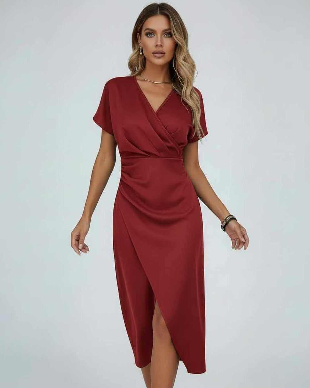 Flattering women's midi wrap dress with elegant V-neck, short sleeves, and a chic split hem. Ideal for day or evening.