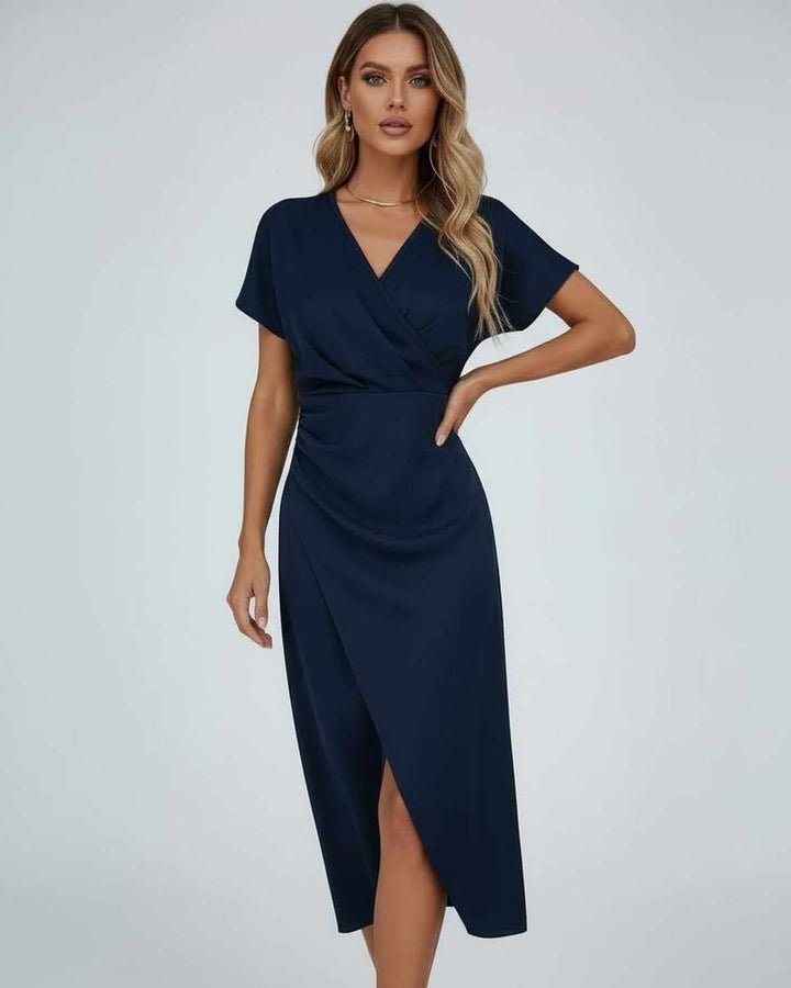 Women's short-sleeve midi wrap dress with a flattering fit, elegant V-neck, and stylish split hem detail.
