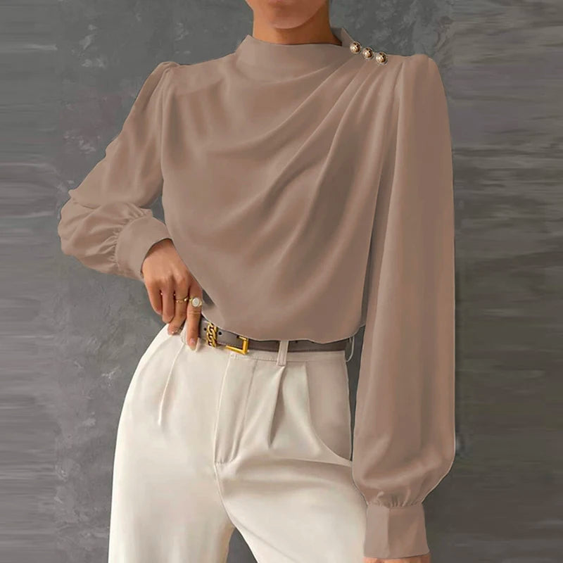 Elegant women's mock neck ruched blouse with long sleeves and stylish gold button details, perfect for office or chic wear.
