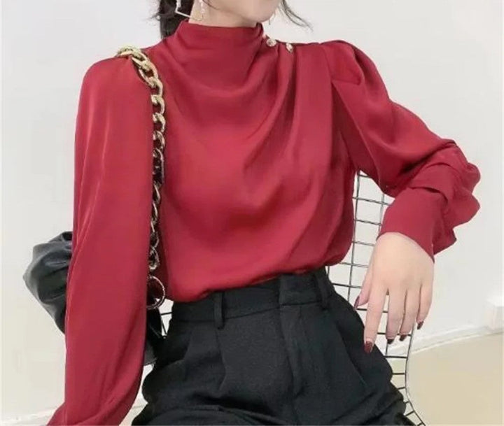 Dressy women's mock neck ruched top, long sleeve with elegant gold buttons. A sophisticated blouse for fashion-forward women.