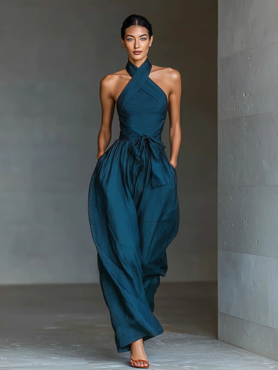 Stylish navy blue wide leg halter jumpsuit for women, featuring a flattering tie waist, ideal for dinner or resort wear.