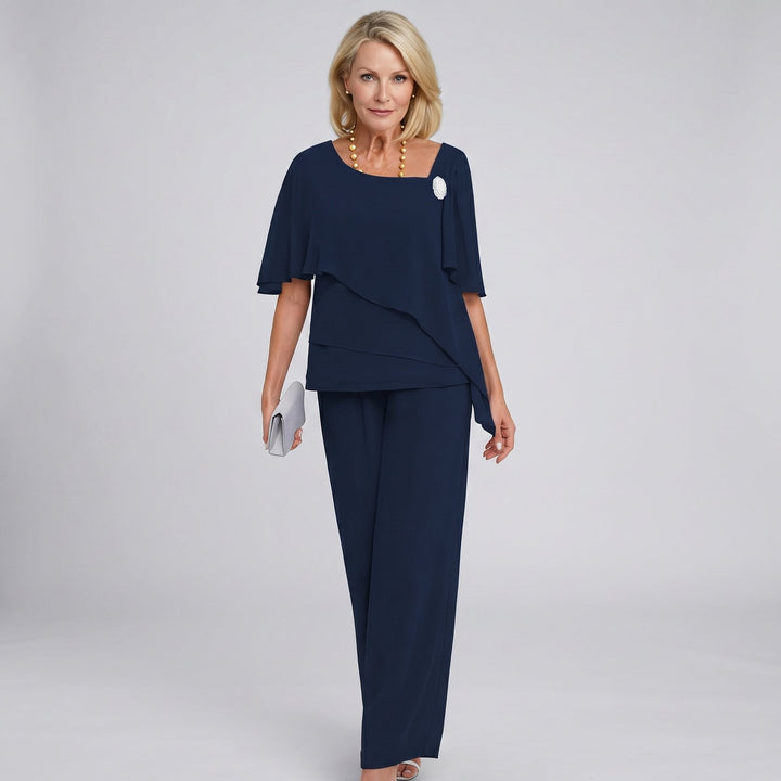 Sophisticated grey blue women's wide leg two-piece set featuring draped flutter sleeves, ideal for special occasions.