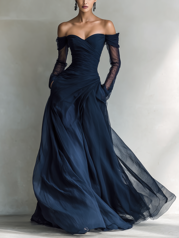 Elegant women's off-shoulder fitted maxi dress. Perfect for evening events, parties, or wedding guests. Long sleeve.