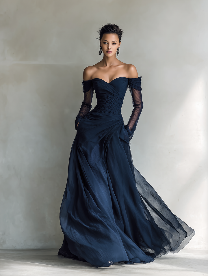 Women's elegant fitted off-shoulder floor-length maxi dress. Ideal for special occasions, formal parties & cocktails.
