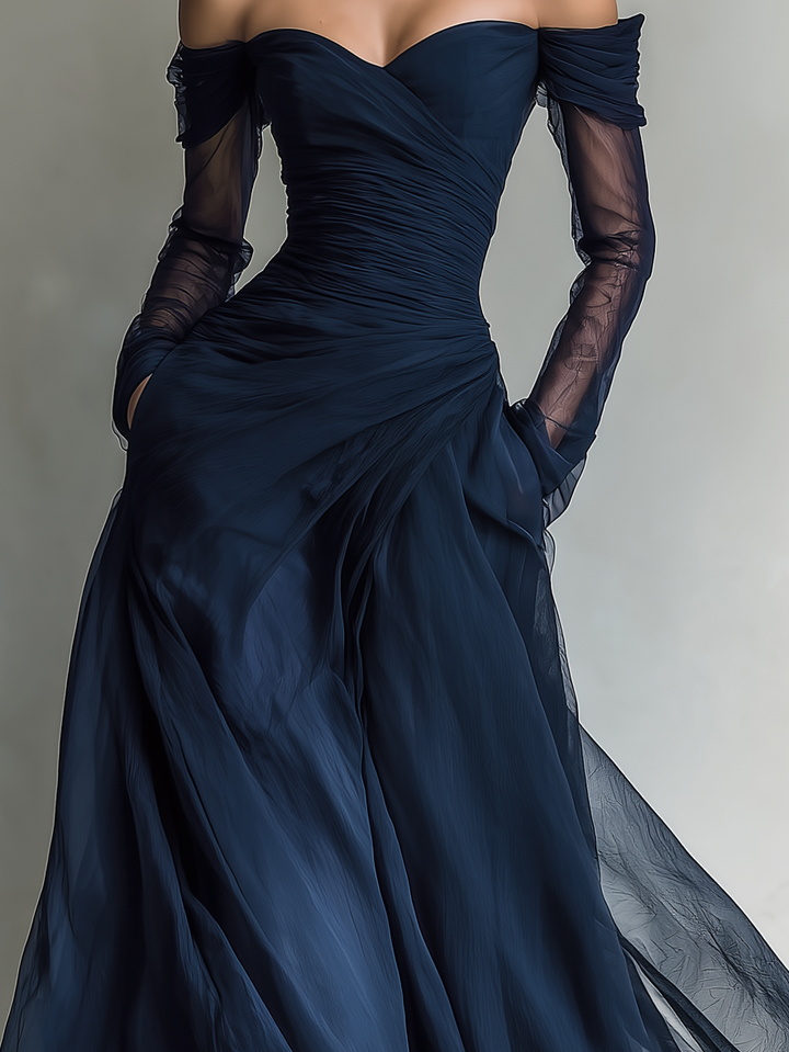 Chic women's off-shoulder long sleeve fitted maxi dress. Elegant evening wear, perfect for formal events & parties.