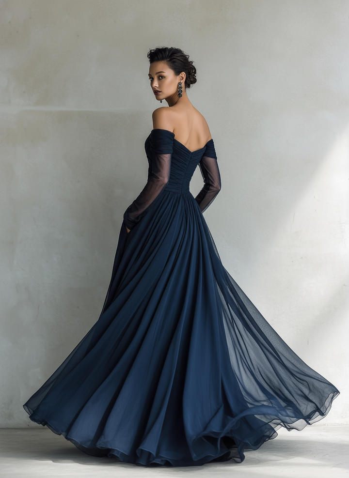 Sophisticated women's off-shoulder fitted maxi dress. Elegant formal wear, great for evening, party, or wedding guest.