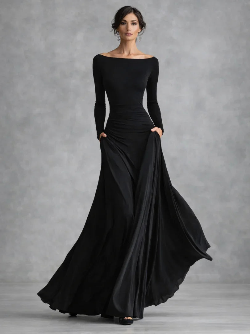 Elegant women's off-shoulder long sleeve maxi dress for evening events. Floor-length formal wear.