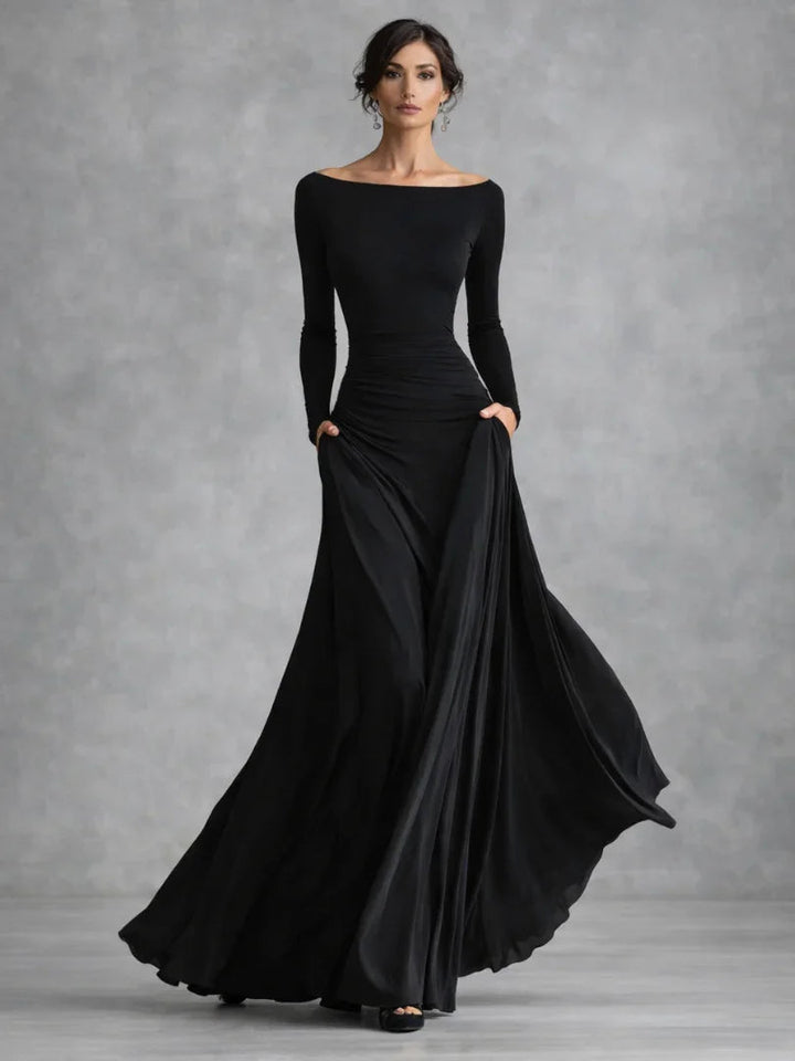 Elegant women's off-shoulder long sleeve maxi dress for evening events. Floor-length formal wear.