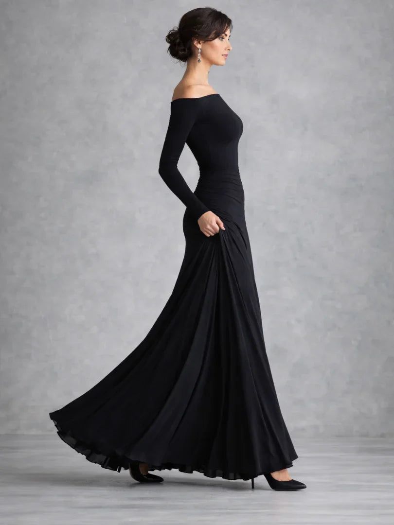 Sophisticated women's off-shoulder maxi evening dress. Perfect for gala & formal parties. Long sleeves.