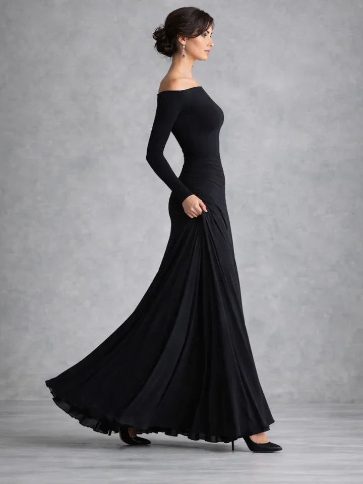 Sophisticated women's off-shoulder maxi evening dress. Perfect for gala & formal parties. Long sleeves.